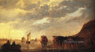  paisajes - Resero con vacas junto a un río, pintor de paisajes rurales Aelbert Cuyp